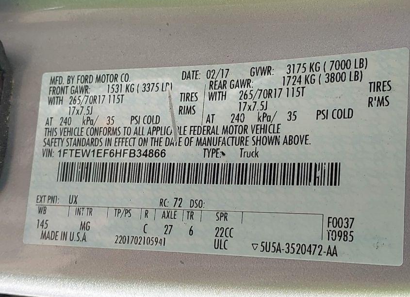 Photo 9 of 2017 Ford F-150 XLT (VIN 1FTEW1EF6HFB34866)