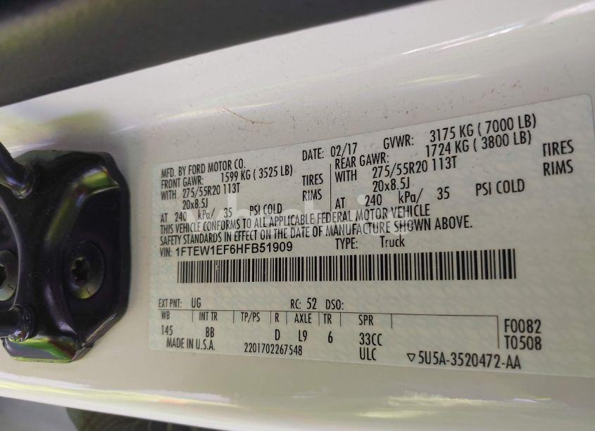 Photo 9 of 2017 Ford F-150 PLATINUM (VIN 1FTEW1EF6HFB51909)