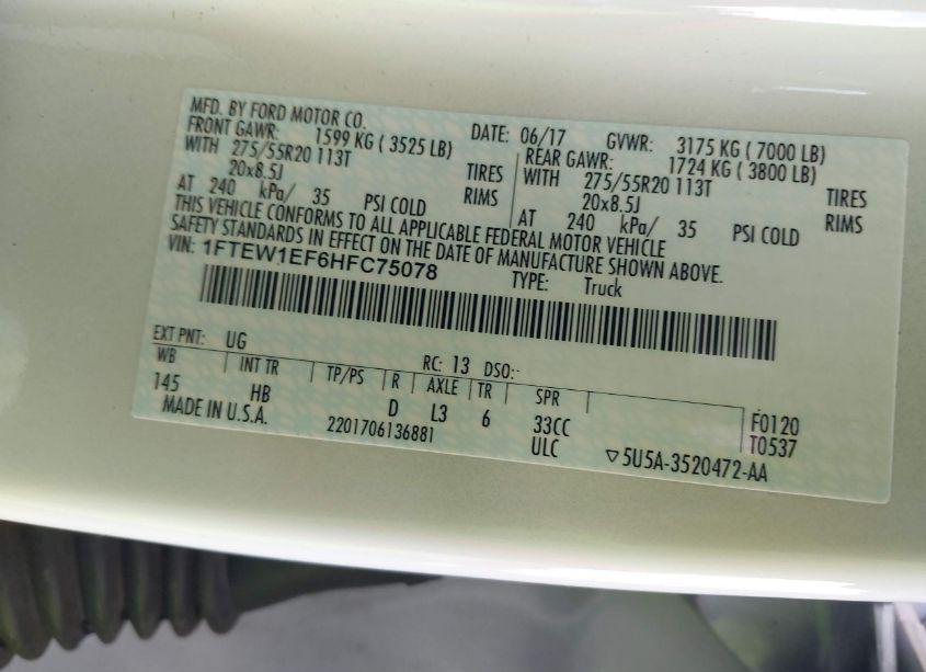 Photo 9 of 2017 Ford F-150 LARIAT (VIN 1FTEW1EF6HFC75078)