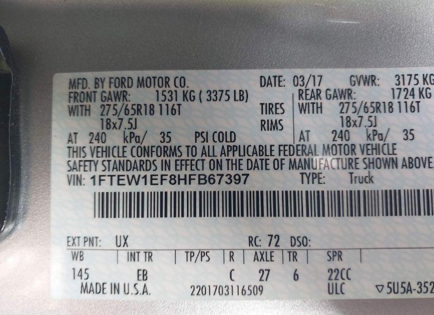 Photo 9 of 2017 Ford F-150 LARIAT (VIN 1FTEW1EF8HFB67397)