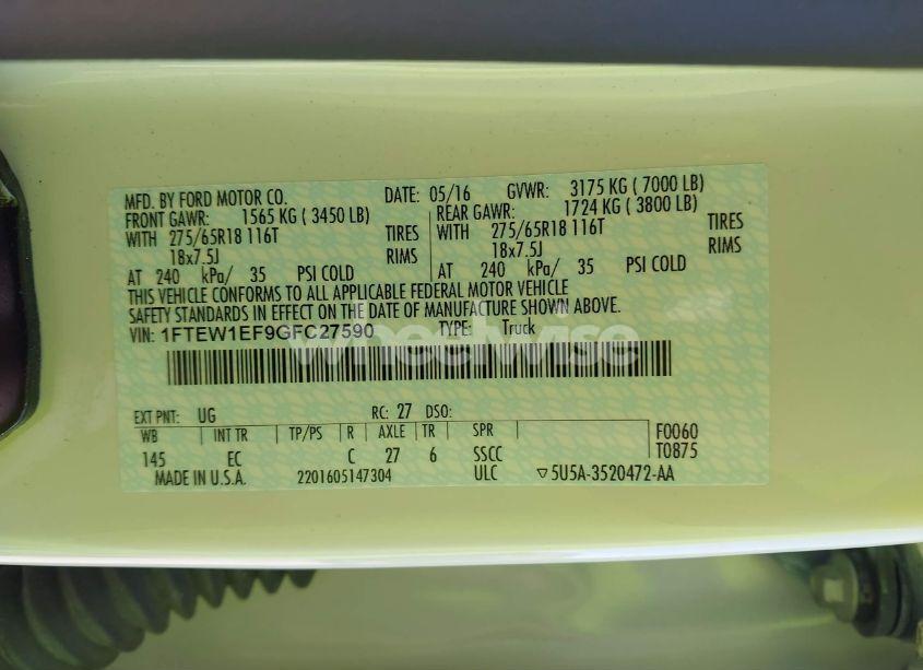 Photo 9 of 2016 Ford F-150 LARIAT (VIN 1FTEW1EF9GFC27590)