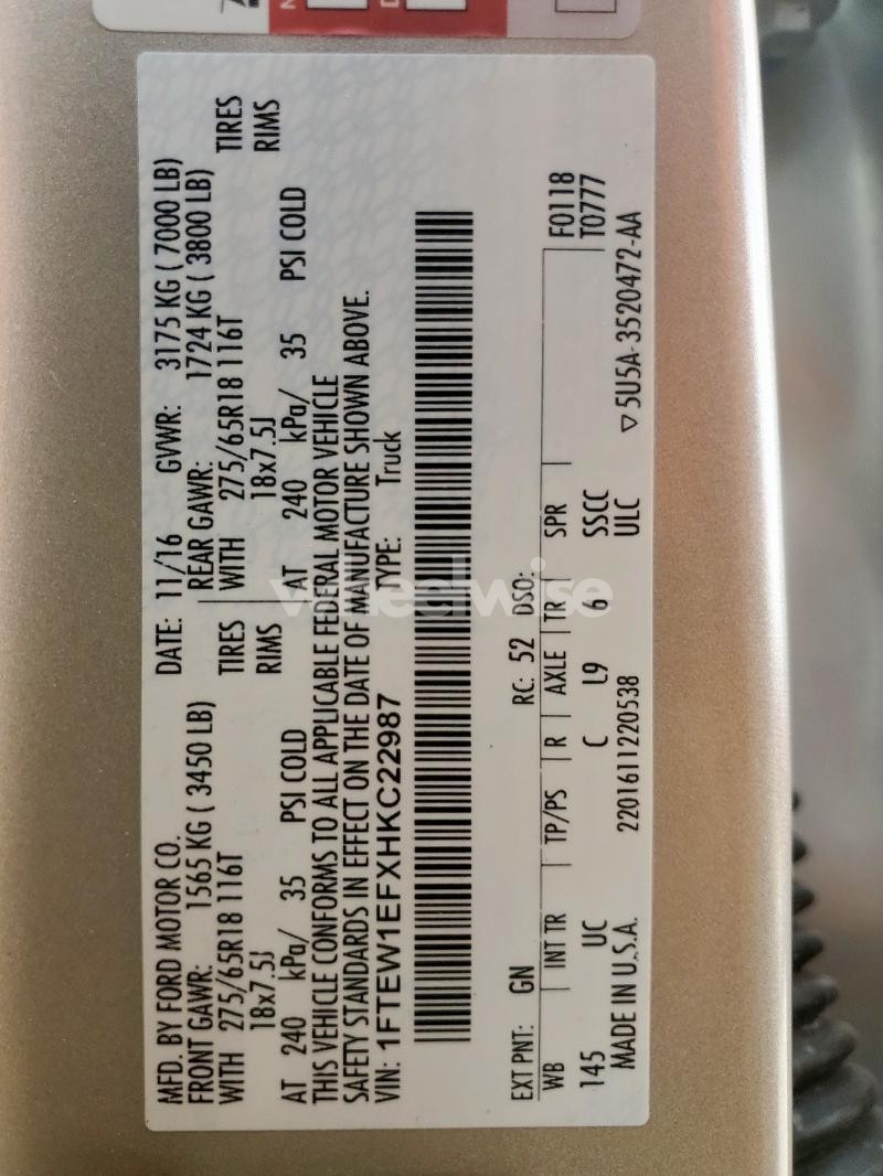 Photo 12 of 2017 FORD F150 4WD (VIN 1FTEW1EFXHKC22987)