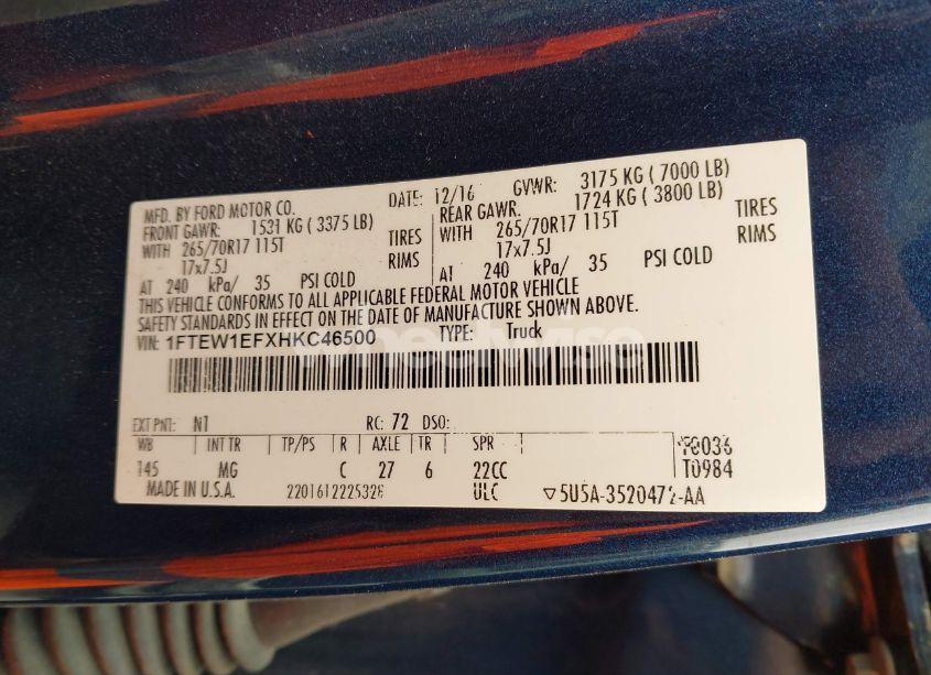 Photo 9 of 2017 Ford F-150 XLT (VIN 1FTEW1EFXHKC46500)