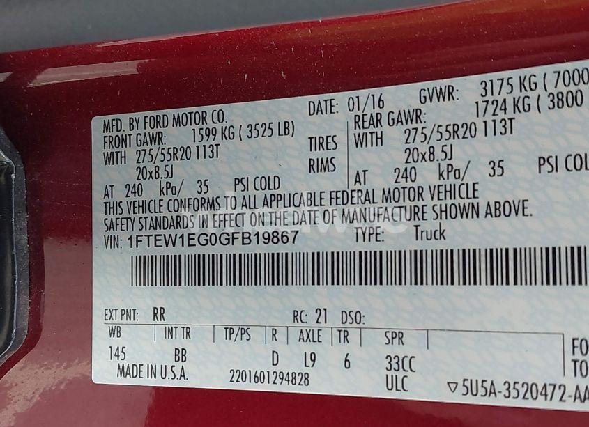 Photo 9 of 2016 Ford F-150 PLATINUM (VIN 1FTEW1EG0GFB19867)