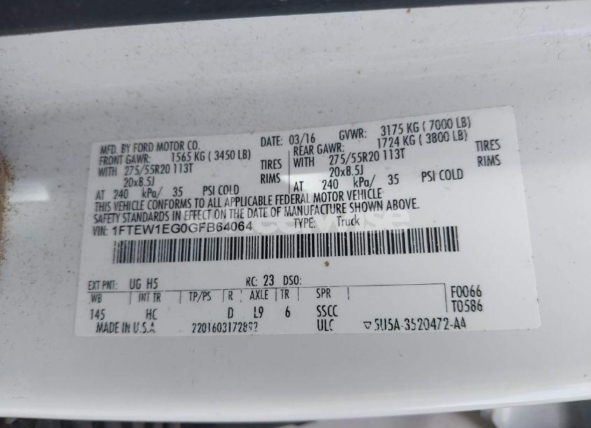 Photo 9 of 2016 Ford F-150 LARIAT (VIN 1FTEW1EG0GFB64064)