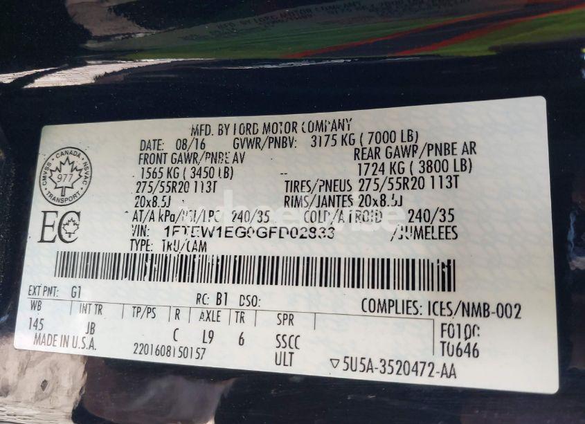 Photo 9 of 2016 Ford F-150 XLT (VIN 1FTEW1EG0GFD02833)