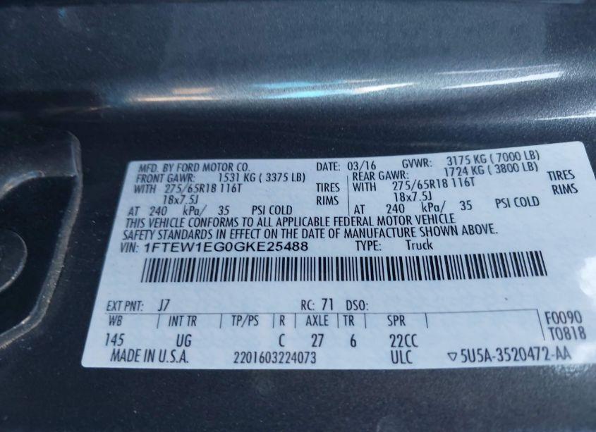 Photo 9 of 2016 Ford F-150 XLT (VIN 1FTEW1EG0GKE25488)