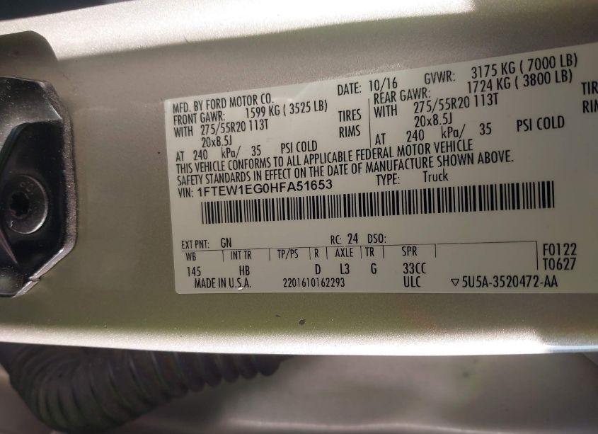 Photo 9 of 2017 Ford F-150 LARIAT (VIN 1FTEW1EG0HFA51653)