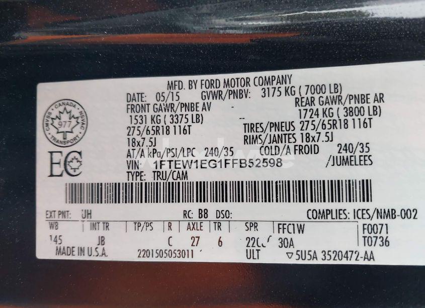 Photo 9 of 2015 Ford F-150 XLT (VIN 1FTEW1EG1FFB52598)