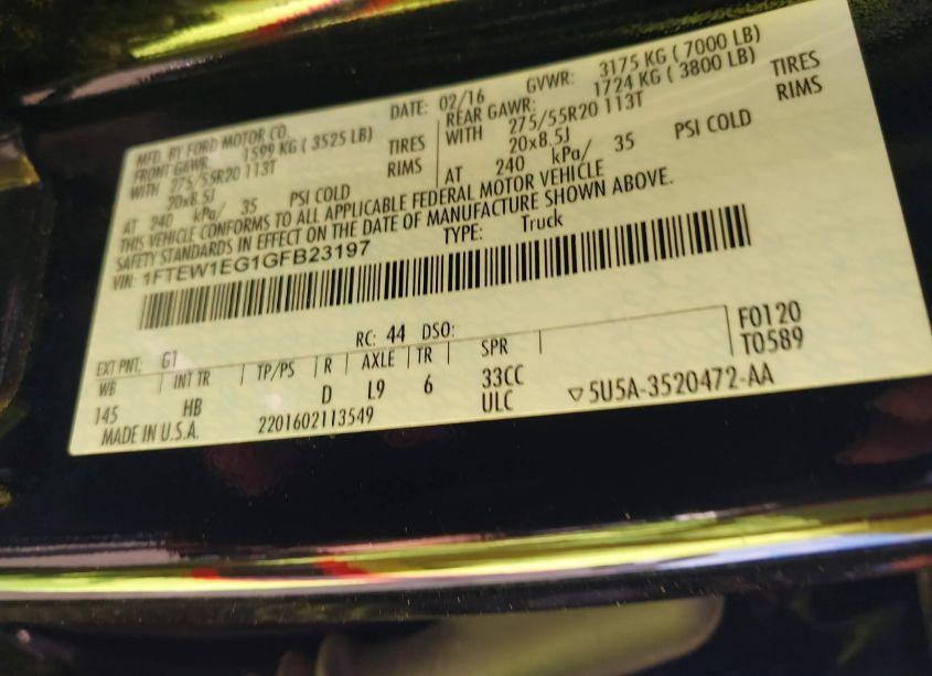 Photo 9 of 2016 Ford F-150 LARIAT (VIN 1FTEW1EG1GFB23197)