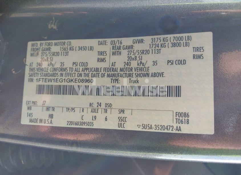 Photo 9 of 2016 Ford F-150 LARIAT (VIN 1FTEW1EG1GKE08960)