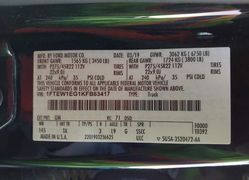 Photo 9 of 2019 Ford F-150 LIMITED (VIN 1FTEW1EG1KFB63417)