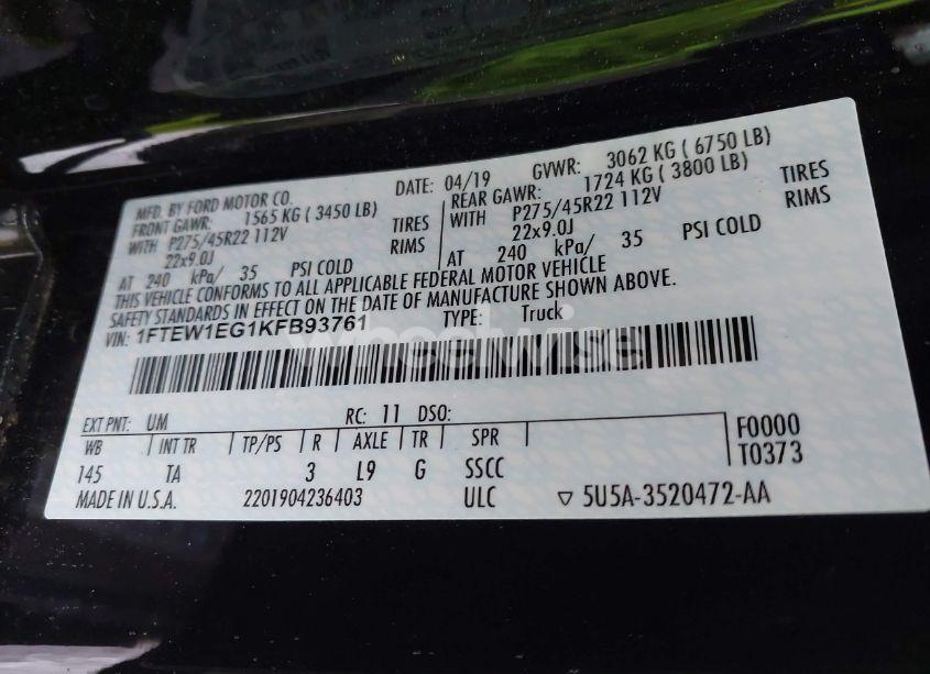 Photo 9 of 2019 Ford F-150 LIMITED (VIN 1FTEW1EG1KFB93761)