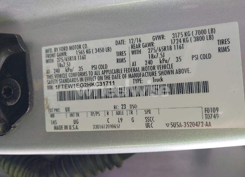 Photo 9 of 2017 Ford F-150 XLT (VIN 1FTEW1EG2HKC31711)