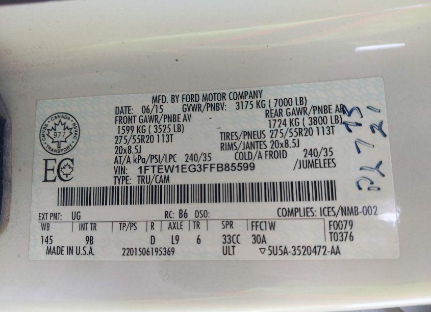 Photo 9 of 2015 Ford F-150 PLATINUM (VIN 1FTEW1EG3FFB85599)