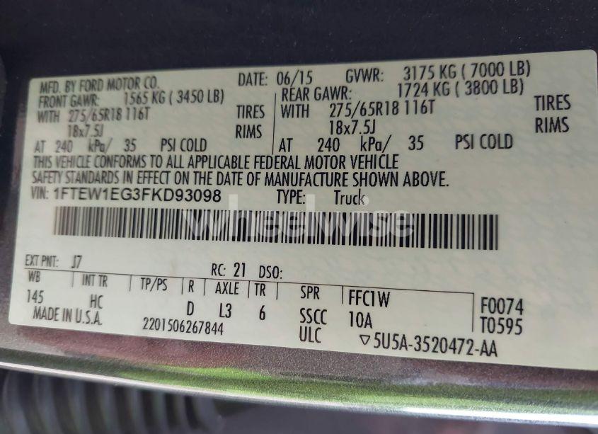 Photo 9 of 2015 Ford F-150 LARIAT (VIN 1FTEW1EG3FKD93098)