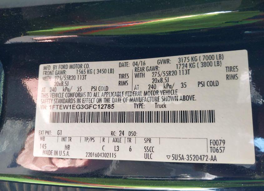 Photo 9 of 2016 Ford F-150 LARIAT (VIN 1FTEW1EG3GFC12785)