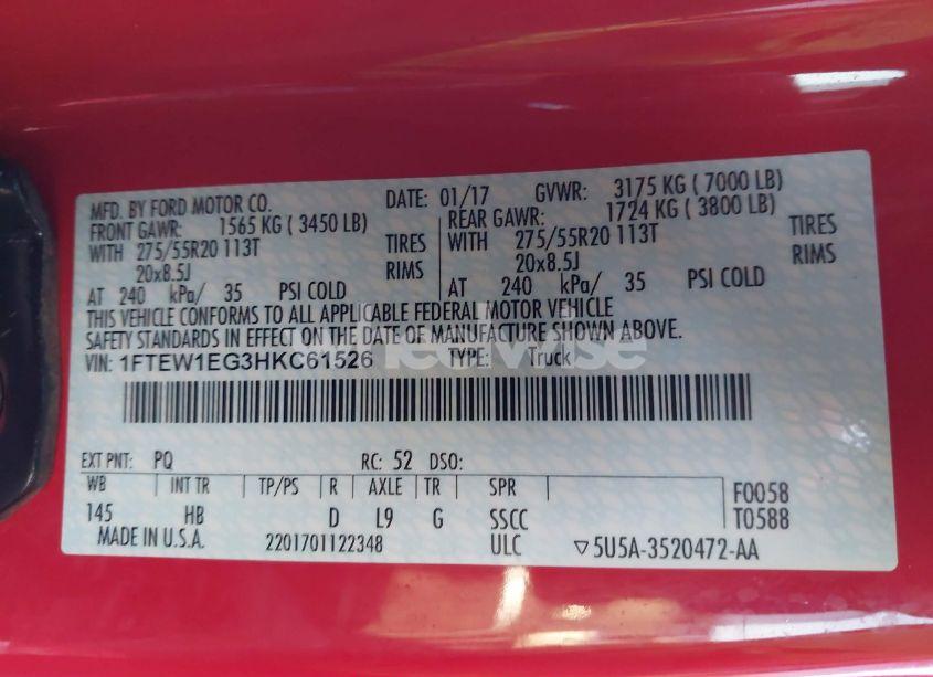 Photo 9 of 2017 Ford F-150 LARIAT (VIN 1FTEW1EG3HKC61526)