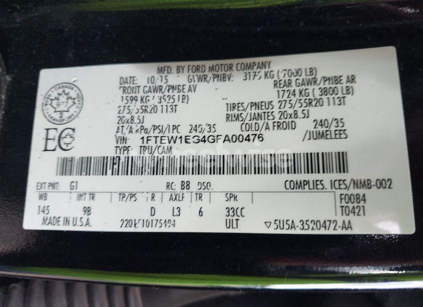 Photo 9 of 2016 Ford F-150 PLATINUM (VIN 1FTEW1EG4GFA00476)