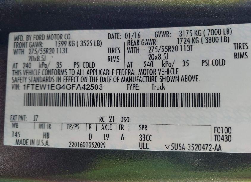 Photo 9 of 2016 Ford F-150 LARIAT (VIN 1FTEW1EG4GFA42503)