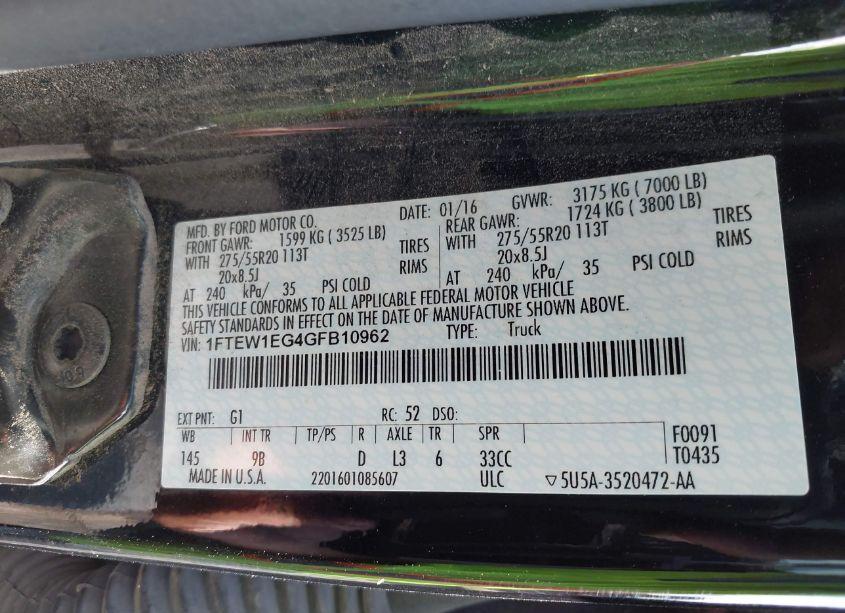 Photo 9 of 2016 Ford F-150 PLATINUM (VIN 1FTEW1EG4GFB10962)