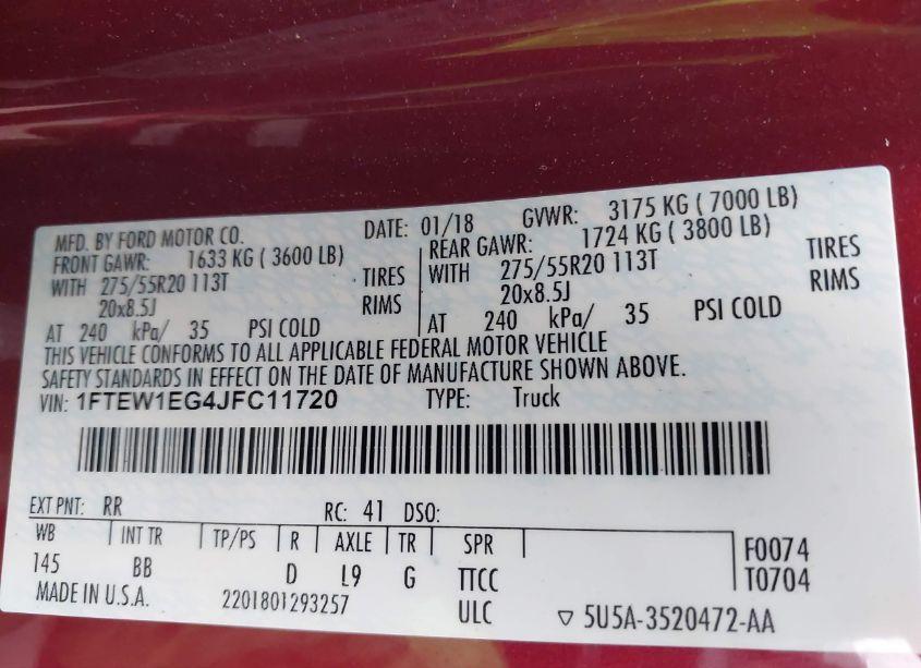 Photo 9 of 2018 Ford F-150 PLATINUM (VIN 1FTEW1EG4JFC11720)