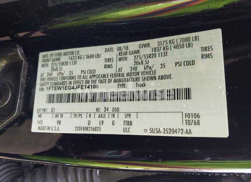 Photo 9 of 2018 Ford F-150 PLATINUM (VIN 1FTEW1EG4JFE14106)