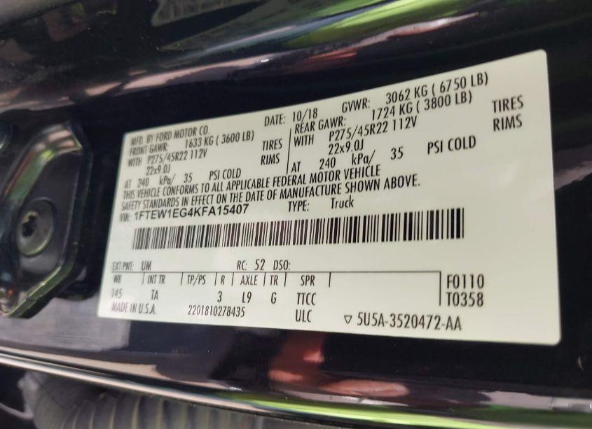 Photo 9 of 2019 Ford F-150 LIMITED (VIN 1FTEW1EG4KFA15407)