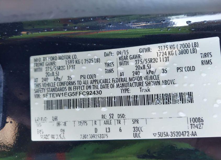 Photo 9 of 2015 Ford F-150 PLATINUM (VIN 1FTEW1EG5FFC92430)