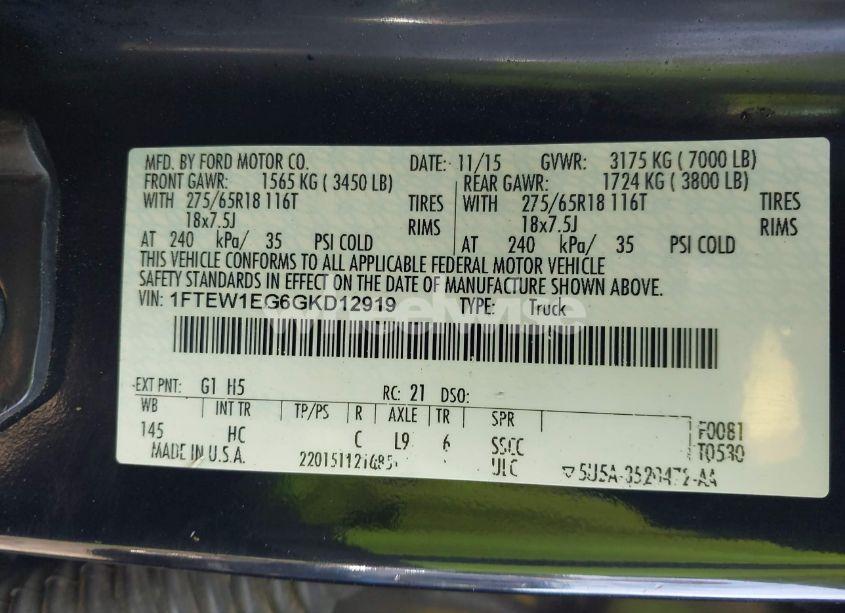 Photo 9 of 2016 Ford F-150 LARIAT (VIN 1FTEW1EG6GKD12919)