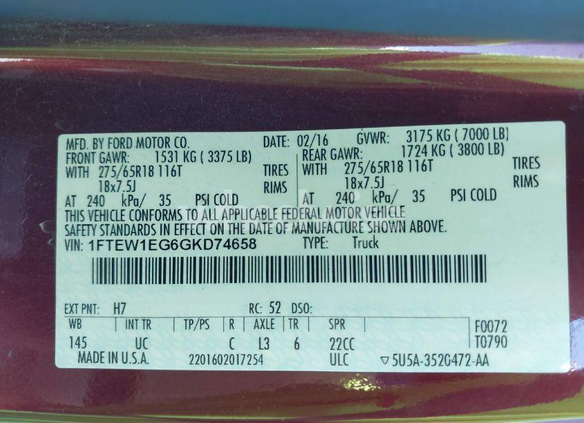 Photo 9 of 2016 Ford F-150 XLT (VIN 1FTEW1EG6GKD74658)