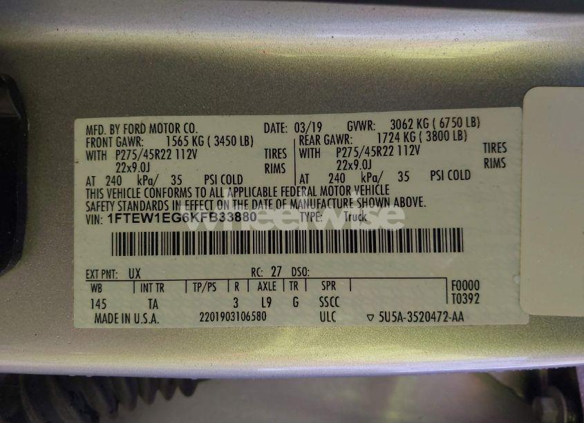 Photo 9 of 2019 Ford F-150 LIMITED (VIN 1FTEW1EG6KFB33880)