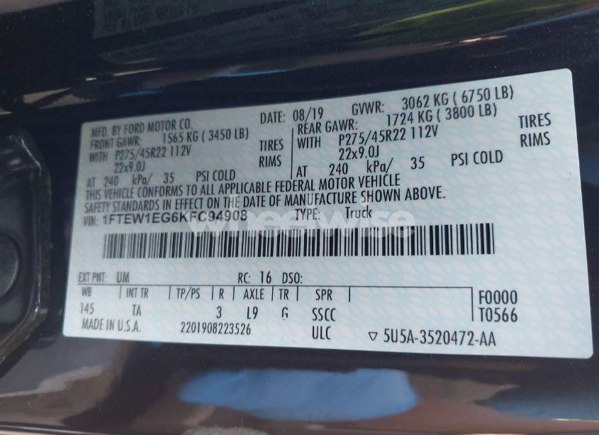 Photo 9 of 2019 Ford F-150 LIMITED (VIN 1FTEW1EG6KFC94908)