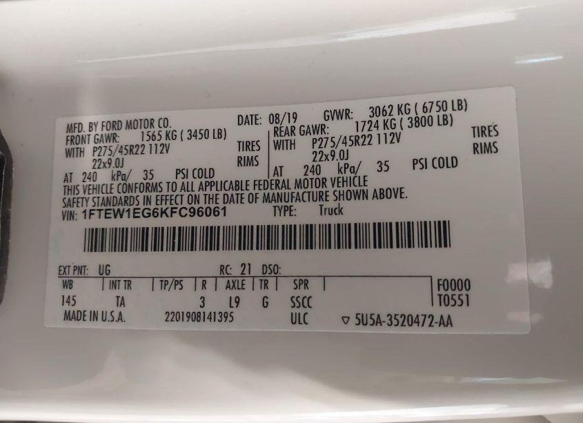 Photo 9 of 2019 Ford F-150 LIMITED (VIN 1FTEW1EG6KFC96061)
