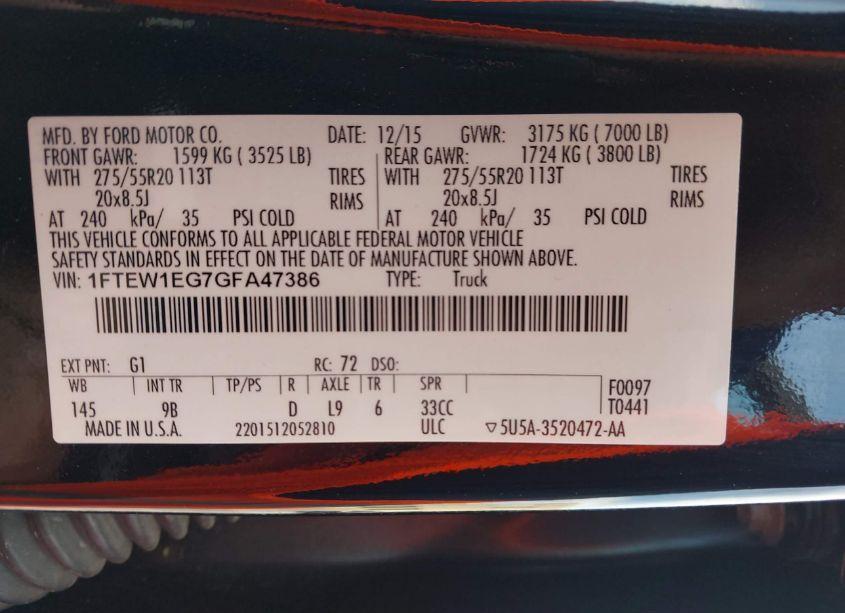 Photo 9 of 2016 Ford F-150 PLATINUM (VIN 1FTEW1EG7GFA47386)