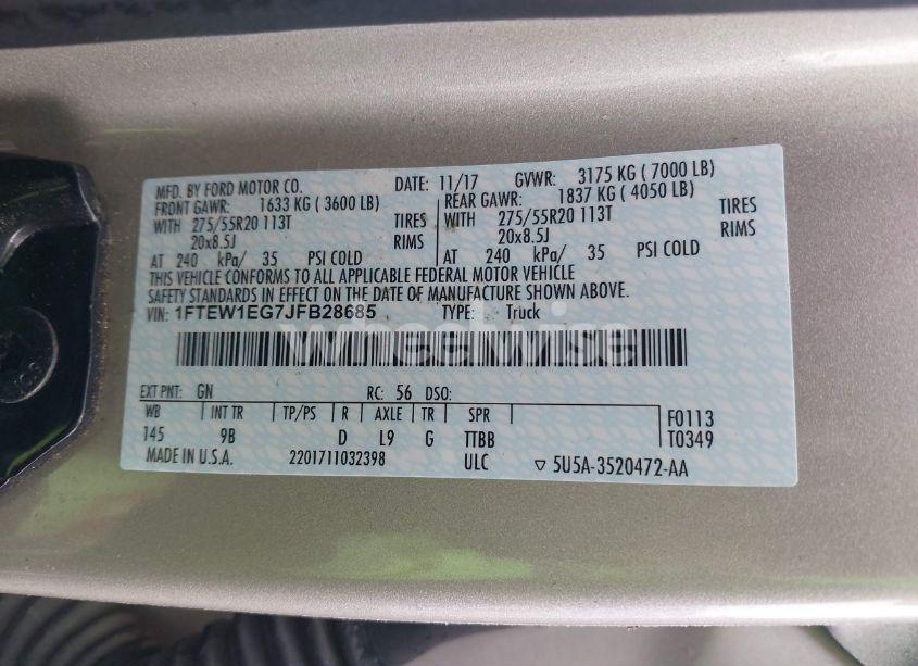 Photo 9 of 2018 Ford F-150 PLATINUM (VIN 1FTEW1EG7JFB28685)