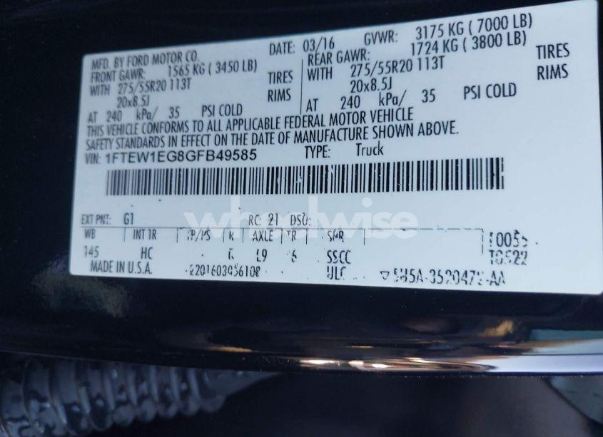 Photo 9 of 2016 Ford F-150 LARIAT (VIN 1FTEW1EG8GFB49585)