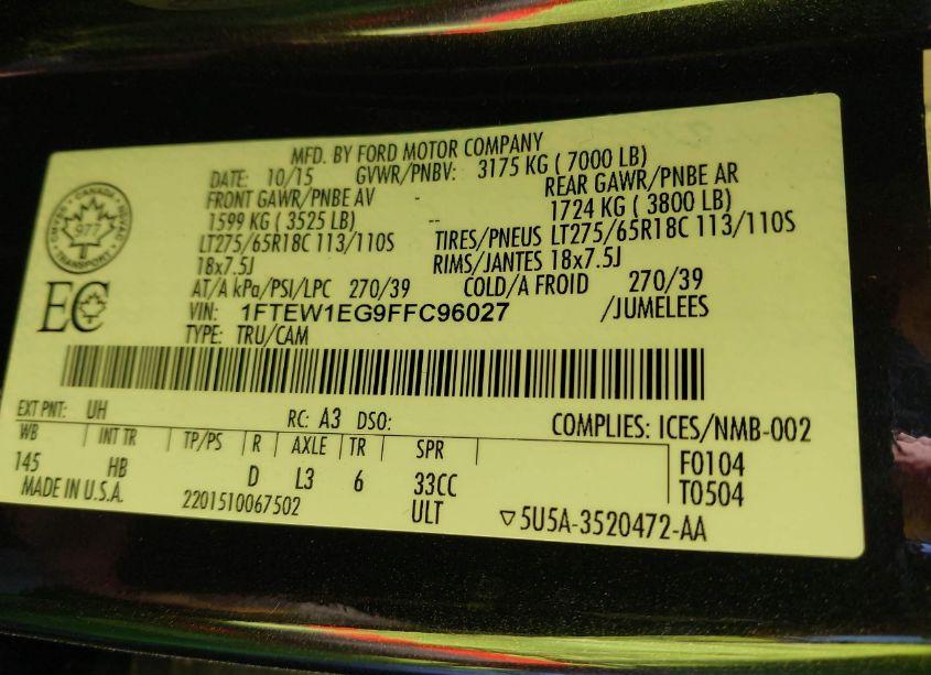 Photo 9 of 2015 Ford F-150 KING RANCH/LARIAT/PLATINUM/XL/XLT (VIN 1FTEW1EG9FFC96027)