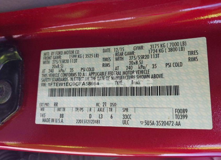 Photo 9 of 2016 Ford F-150 PLATINUM (VIN 1FTEW1EG9GFA58664)