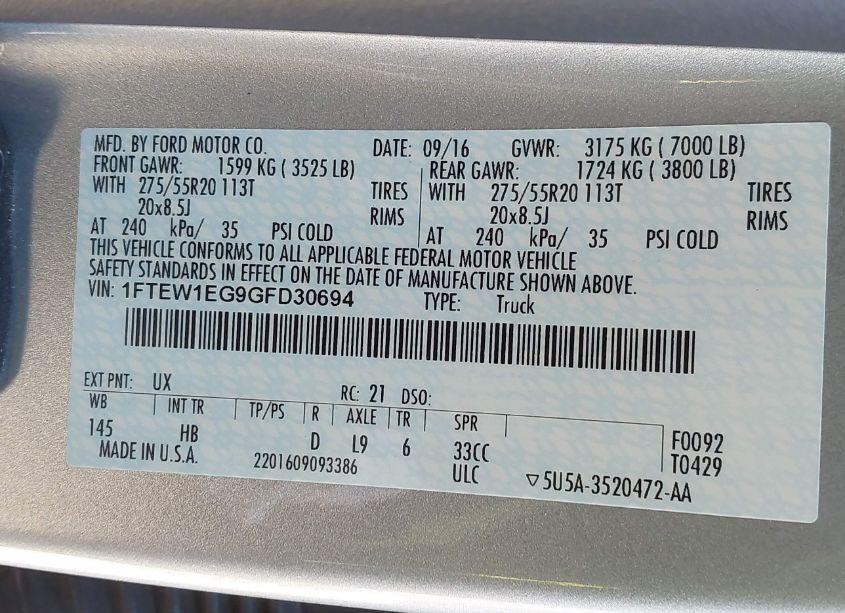 Photo 9 of 2016 Ford F-150 LARIAT (VIN 1FTEW1EG9GFD30694)