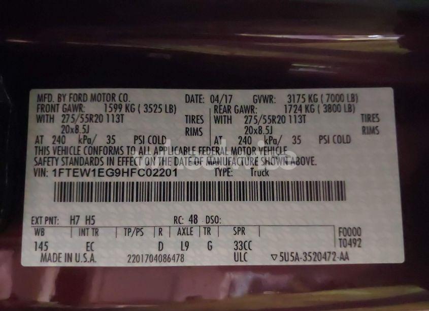 Photo 9 of 2017 Ford F-150 LARIAT (VIN 1FTEW1EG9HFC02201)