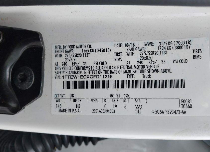 Photo 9 of 2016 Ford F-150 LARIAT (VIN 1FTEW1EGXGFD11216)