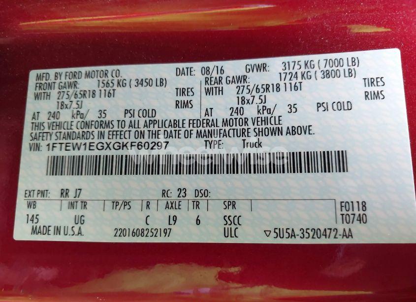 Photo 9 of 2016 Ford F-150 XLT (VIN 1FTEW1EGXGKF60297)