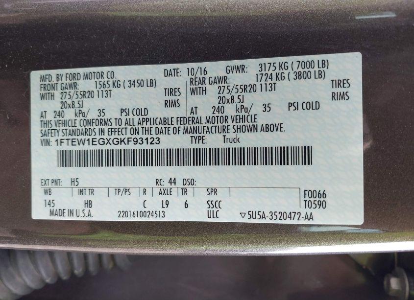 Photo 9 of 2016 Ford F-150 LARIAT (VIN 1FTEW1EGXGKF93123)