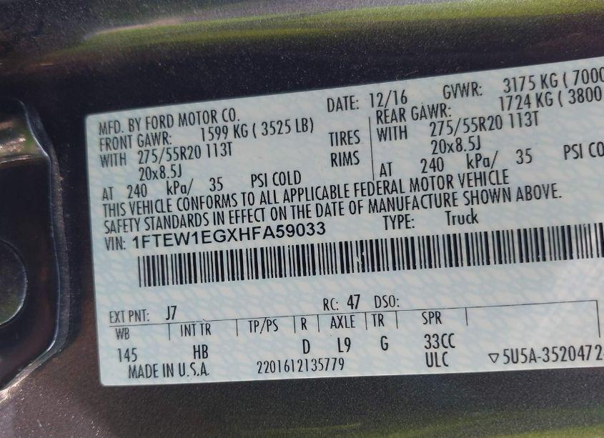 Photo 9 of 2017 Ford F-150 LARIAT (VIN 1FTEW1EGXHFA59033)