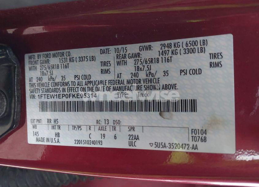 Photo 9 of 2015 Ford F-150 LARIAT (VIN 1FTEW1EP0FKE95314)