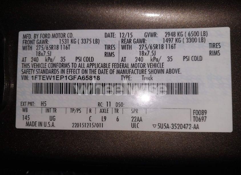 Photo 9 of 2016 Ford F-150 XLT (VIN 1FTEW1EP1GFA65818)