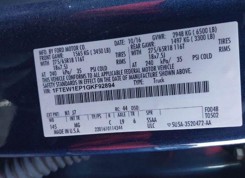 Photo 9 of 2016 Ford F-150 XLT (VIN 1FTEW1EP1GKF92894)