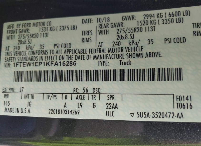 Photo 9 of 2019 Ford F-150 XL (VIN 1FTEW1EP1KFA16286)