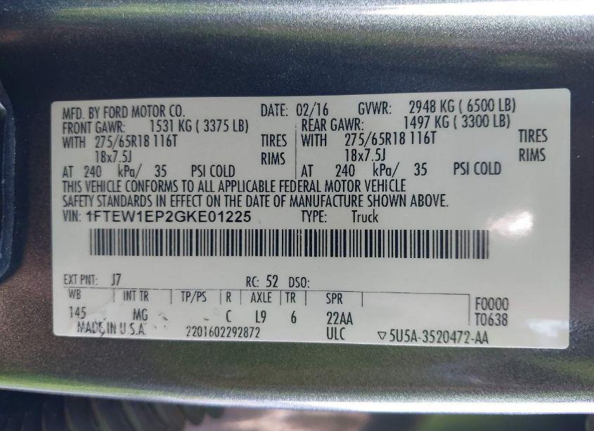 Photo 9 of 2016 Ford F-150 XLT (VIN 1FTEW1EP2GKE01225)